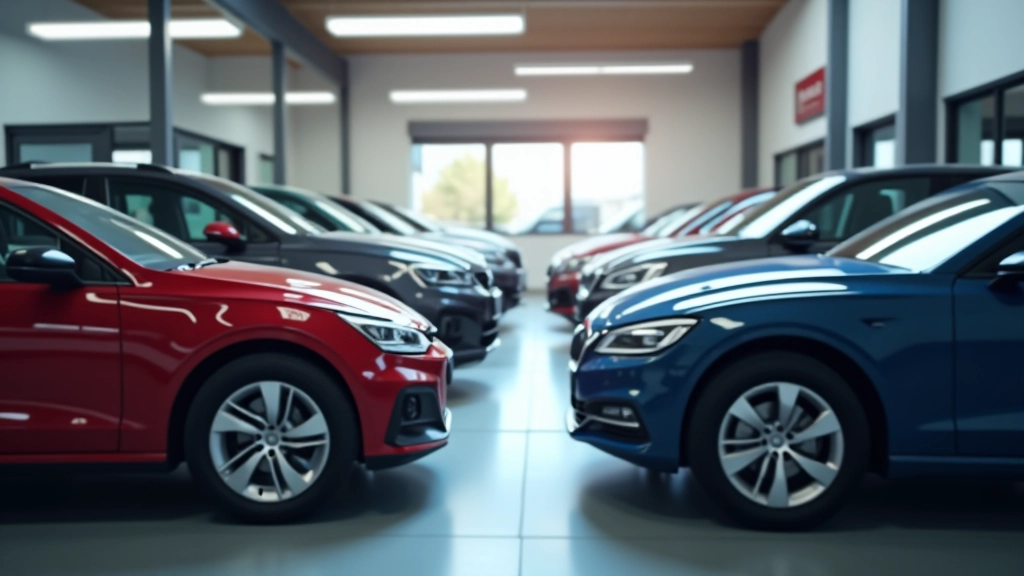 Comparación de vehículos nuevo y usado en un concesionario, mostrando dos coches de diferentes años