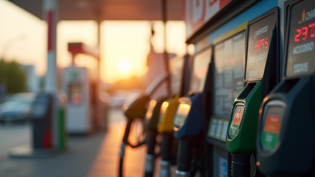 Gasolinera con surtidor de combustible y pantalla de precios, gasolina y diésel, fotografía en hora dorada