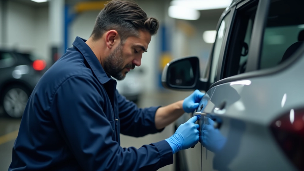 Inspector técnico revisando vehículo durante inspección ITV obligatoria en taller autorizado