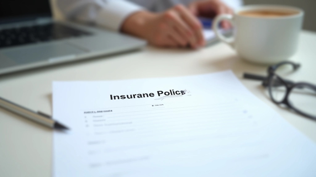 Documento de póliza de seguro de auto con pluma y taza de café, escritorio de oficina de seguros, luz natural