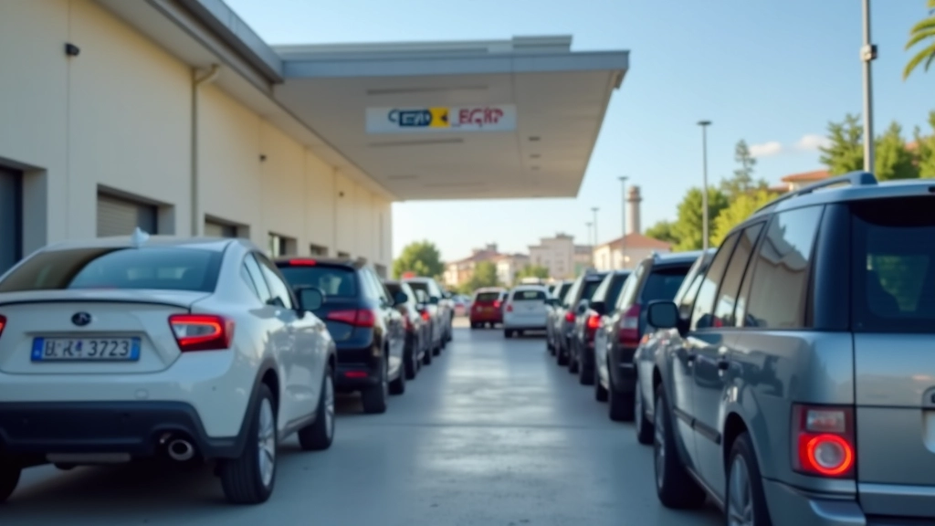 Centro de inspección ITV con vehículos en línea esperando revisión técnica obligatoria