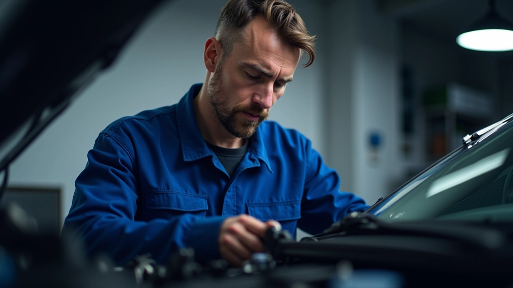Mechanic inspecting vehicle engine components in professional workshop setting