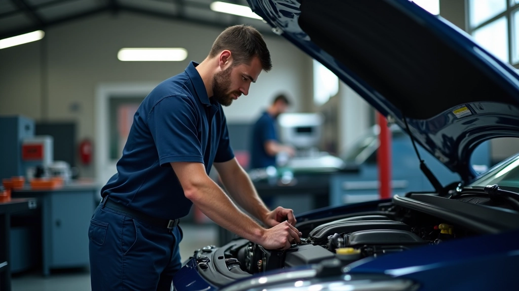 Taller de reparación con mecánico profesional revisando motor de vehículo levantado