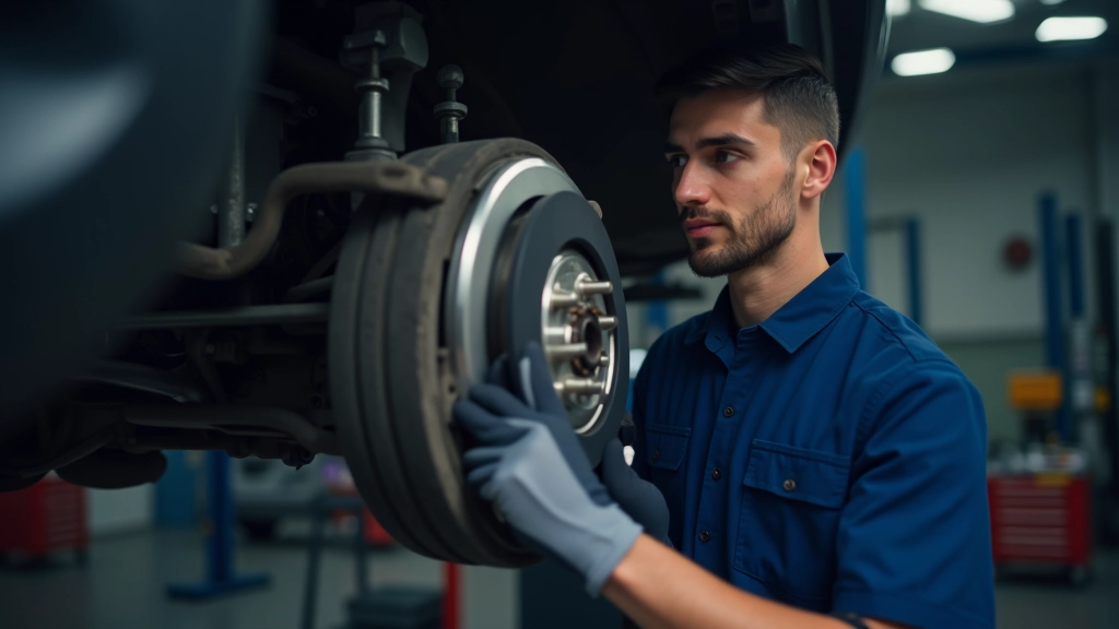 Mecánico revisando sistema de frenado en coche durante inspección técnica obligatoria