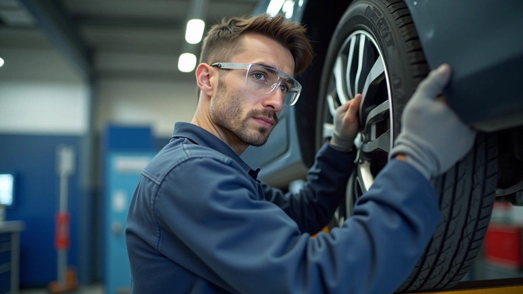 Mecánico profesional con herramientas especializadas realizando inspección de componentes bajo el automóvil en taller equipado