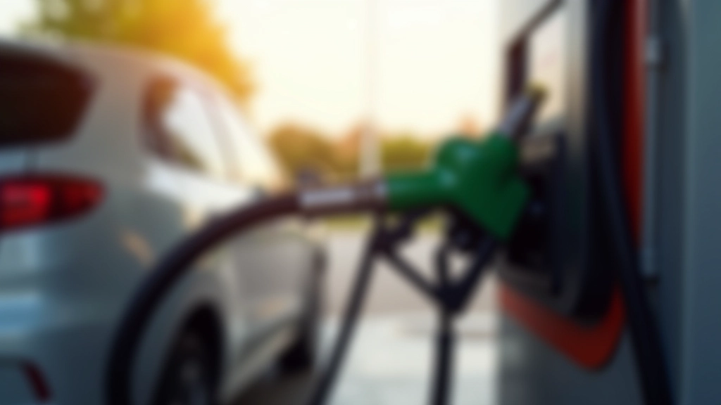 Surtidor de gasolina en estación de servicio con coche moderno repostando