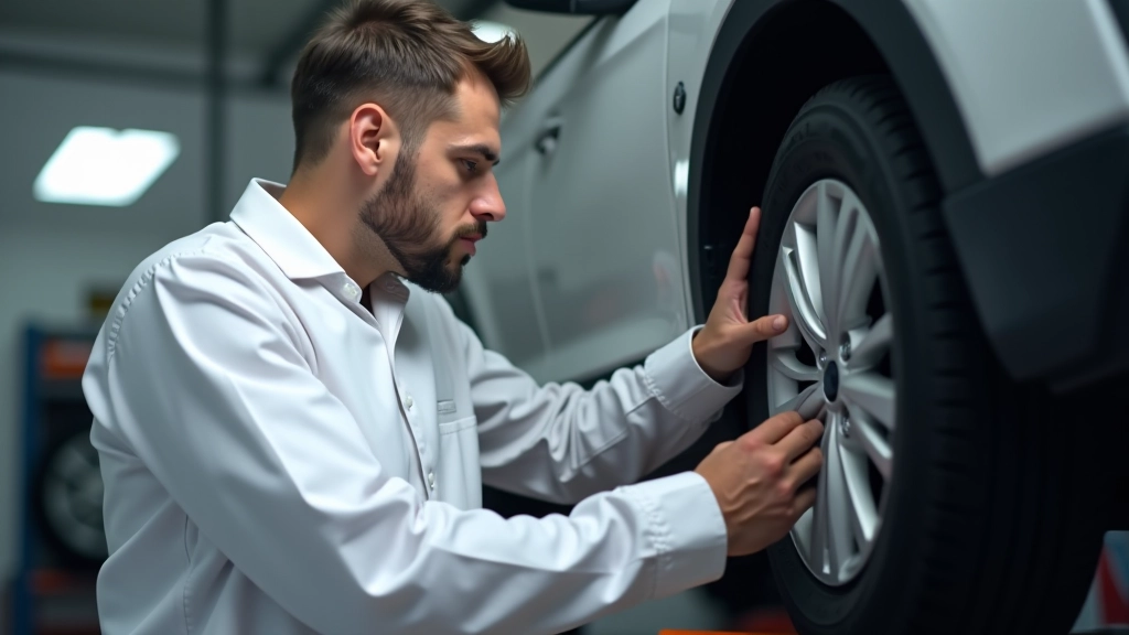 Technician performing routine maintenance on vehicle in professional service center