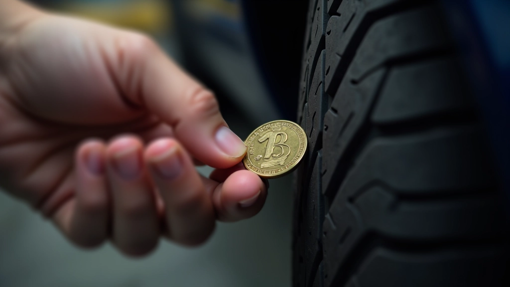 Mano colocando moneda en ranura de neumático para medir profundidad de banda de rodadura