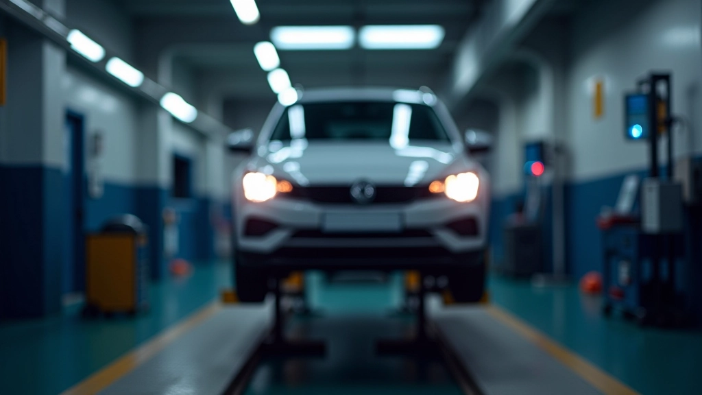 Centro de inspección técnica ITV con vehículos en rampa de revisión, instalaciones modernas, iluminación industrial